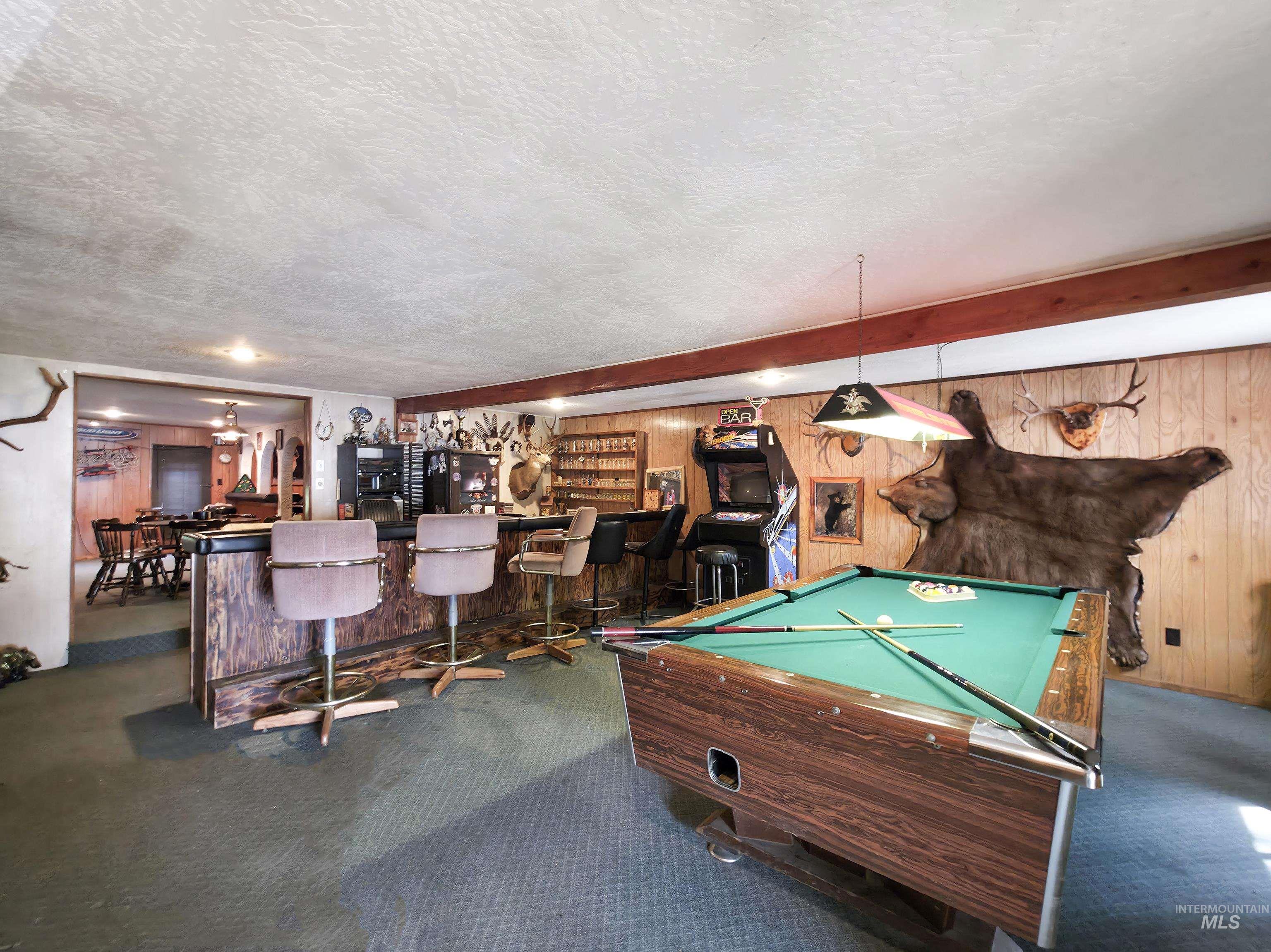 4482 Council Cuprum Road Council, ID 83612 - Photo 22 of 45 Rec room featuring game room, additional bedroom, wooden walls, pool table, and bar area