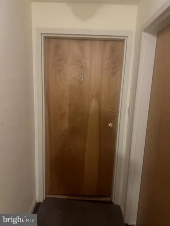 a bathroom with a shower and a wooden door