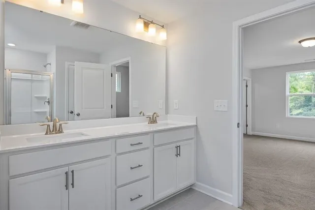 a bathroom with a granite countertop sink mirror and double
