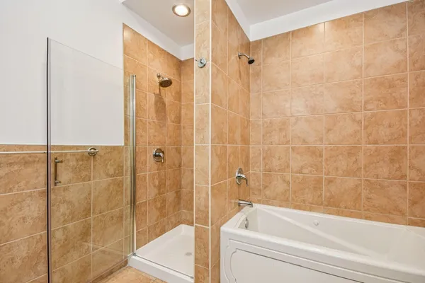 a bathroom with a bathtub and a shower
