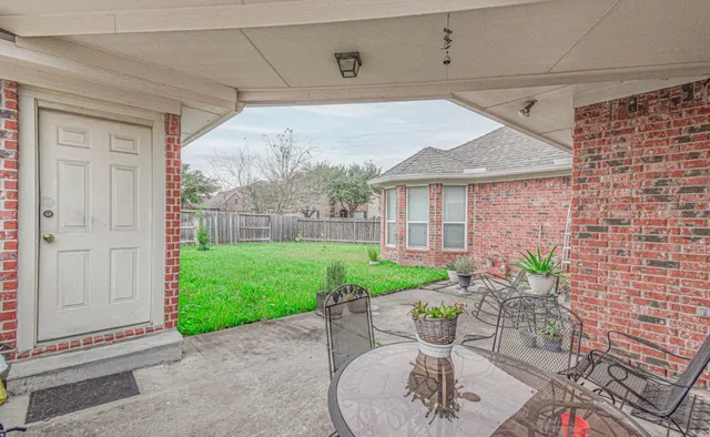 a view of a backyard with plants and large tree