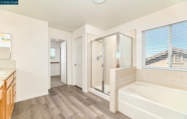 a bathroom with a granite countertop sink and a bathtub