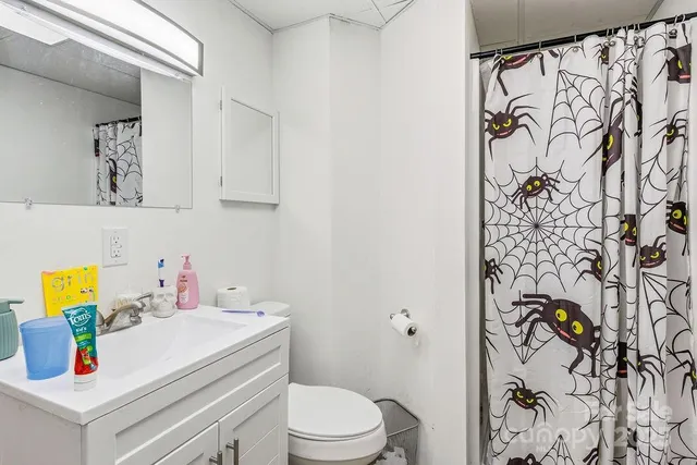 a bathroom with a sink vanity mirror and toilet