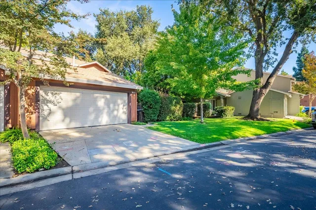 a view of a house with a yard and large tree