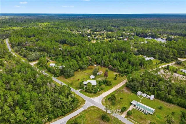 an aerial view of a residential houses with outdoor space and trees all around