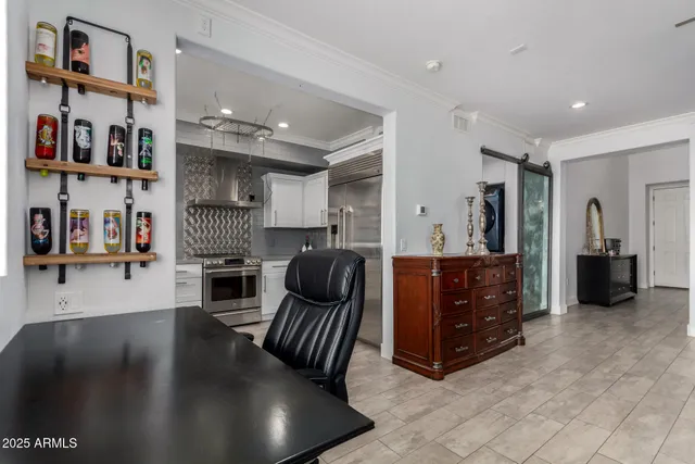 a view of a kitchen with workspace and a window