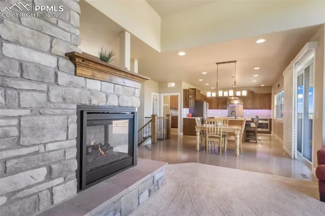 a view of a dining room with furniture