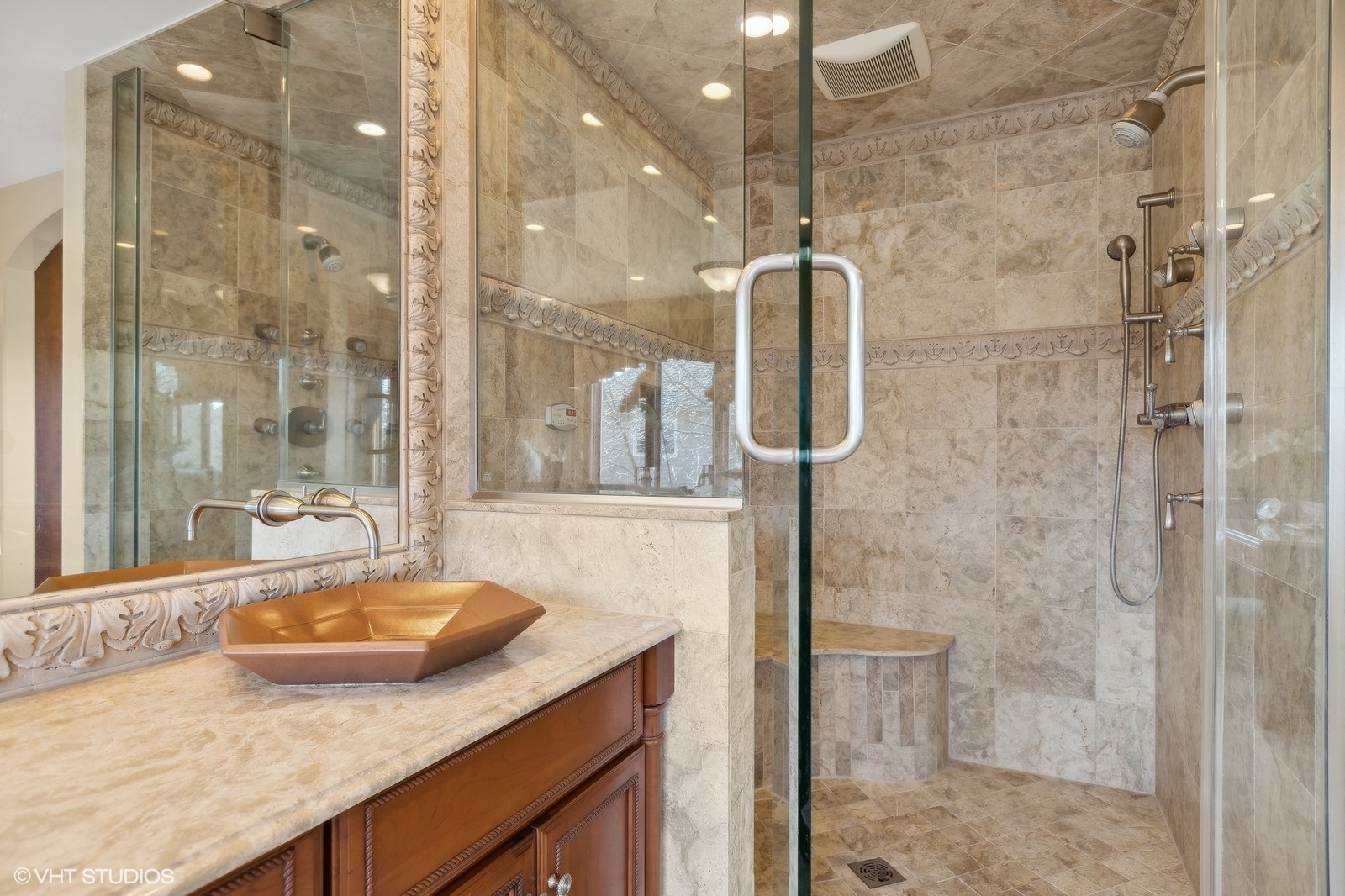 321 Ridge Lane Lake In The Hills, IL 60156 - Photo 21 of 46 a bathroom with a granite countertop shower a sink and a mirror
