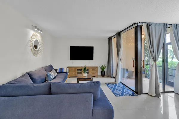 a living room with furniture tv and a large window