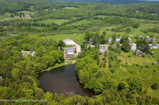 an aerial view of a house with a yard and trees