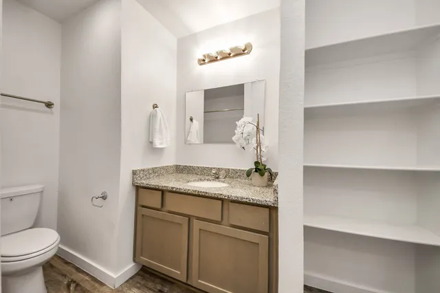 a bathroom with a granite countertop sink a toilet and a mirror