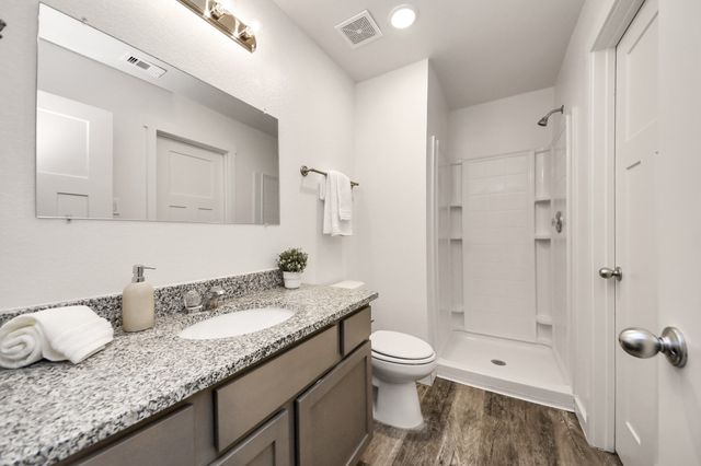 a bathroom with a granite countertop sink a toilet and shower