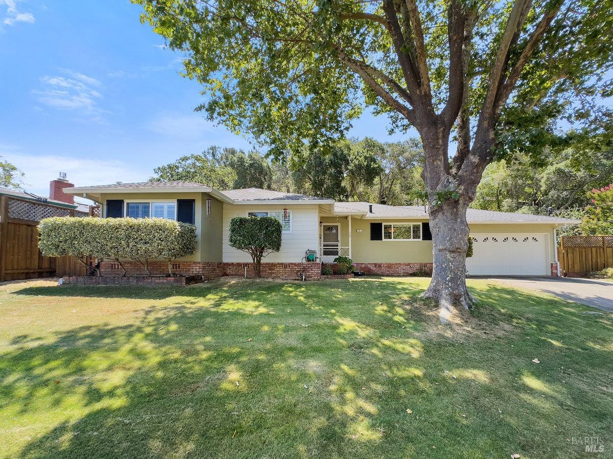 a view of a house with a yard and large tree
