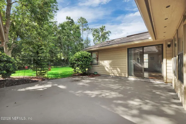 a view of a park with large trees