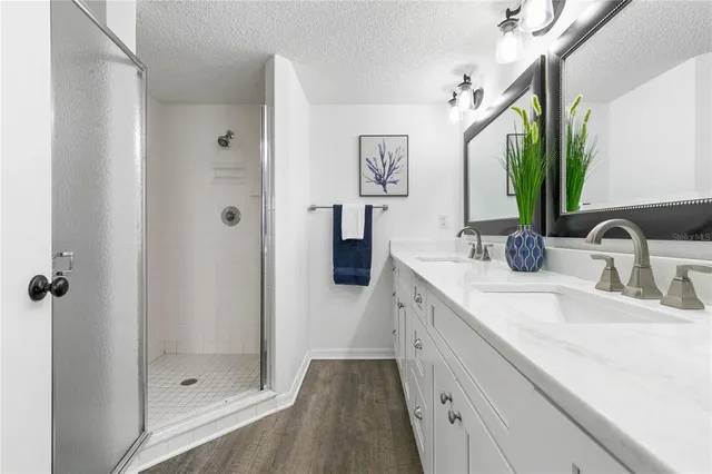 a bathroom with a double vanity sink mirror and shower