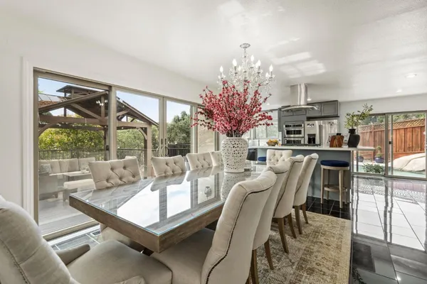 a view of a dining room with furniture window and outside view