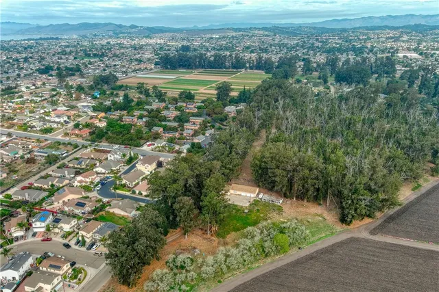 an aerial view of residential houses with outdoor space and trees