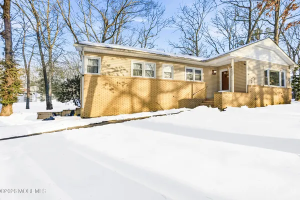 a front view of a house with a yard and covered with snow