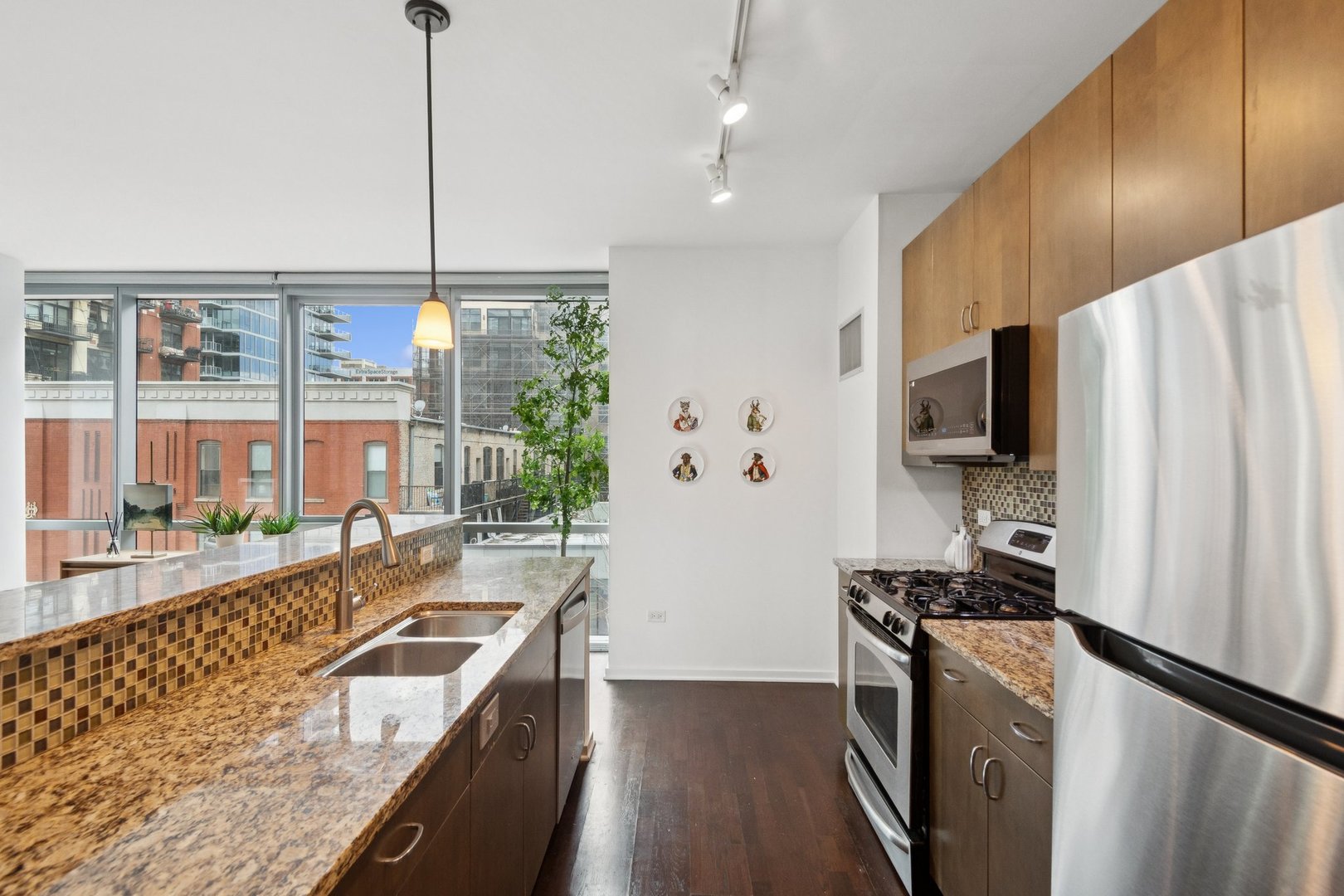 125 South Green Street, Unit 308A Chicago, IL 60607 - Photo 8 of 24 a kitchen with stainless steel appliances granite countertop a refrigerator a stove and a sink with wooden floor