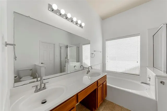 a bathroom with a tub a sink double vanity and mirror