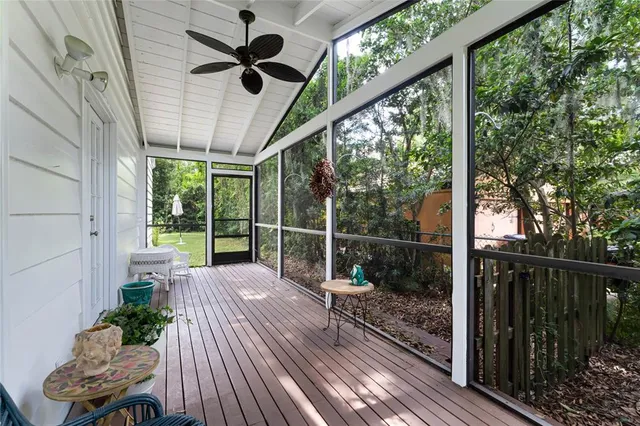 a porch with seating space