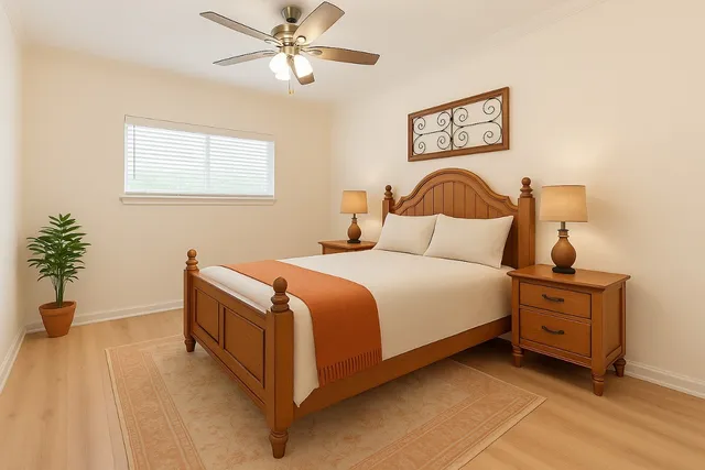a bedroom with a bed and a potted plant