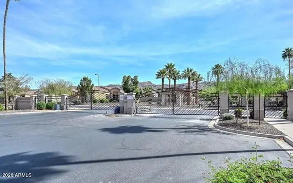 a view of a street with a flower garden