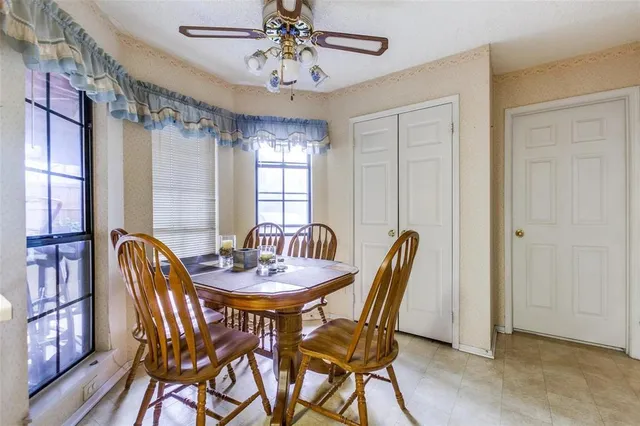 a view of a dining room with furniture and window