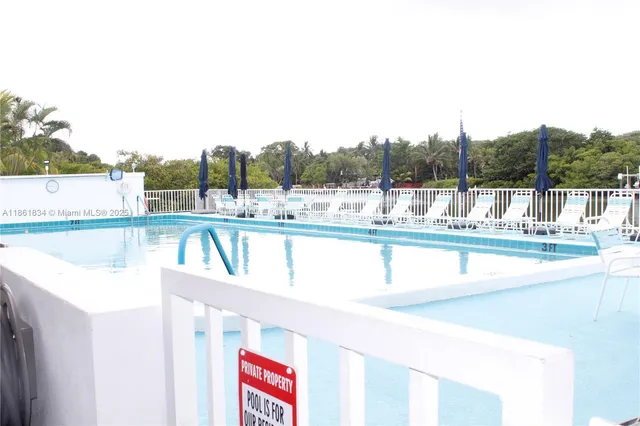 a view of a swimming pool with a lawn chairs under palm trees