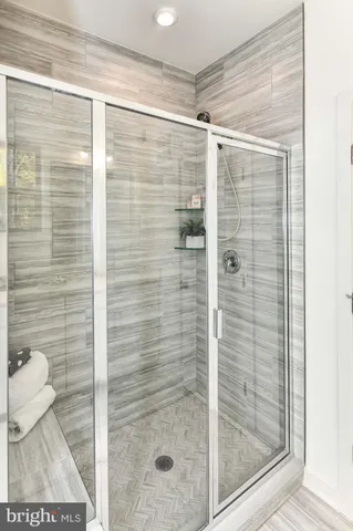 a bathroom with a shower and a toilet