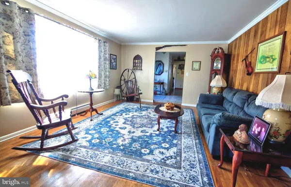 a living room with furniture and a rug