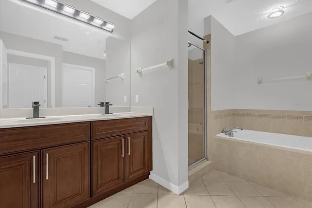a bathroom with a tub a sink double vanity and a mirror