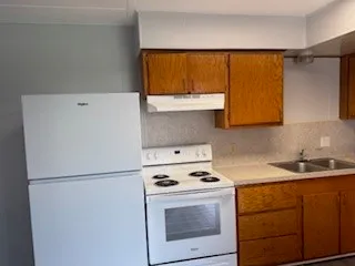 a kitchen with a refrigerator sink stove and cabinets