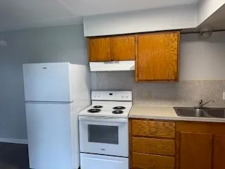 a kitchen with a refrigerator and a sink