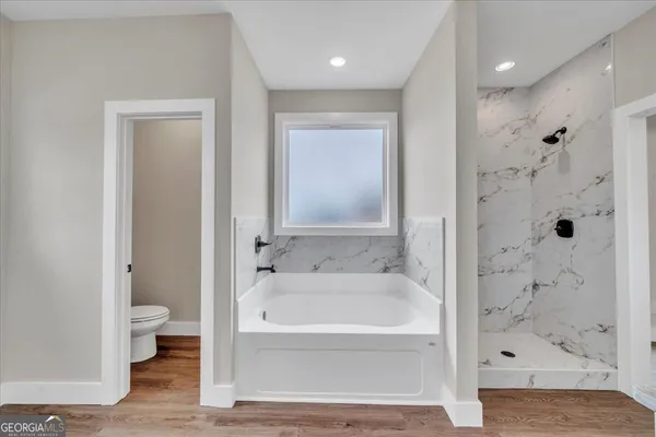 a bathroom with a bathtub and a toilet