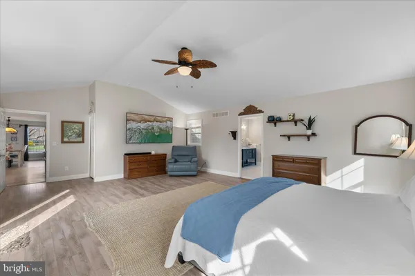 a bedroom with furniture and a wooden floor