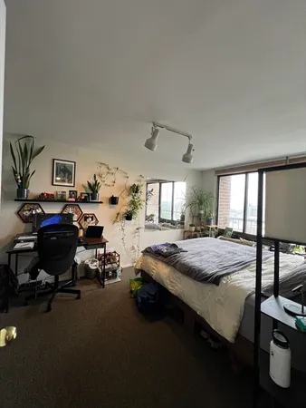 a bedroom with bed and window