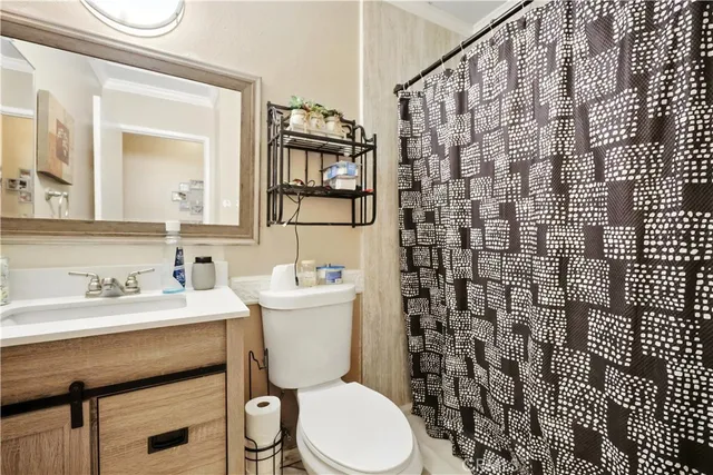 a bathroom with a sink toilet vanity and shower