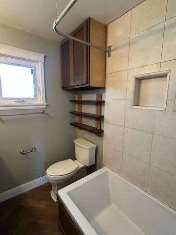 a bathroom with a toilet and a bathtub
