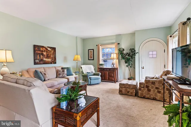 a living room with furniture a couch and a potted plant