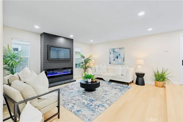a living room with furniture potted plant and a flat screen tv