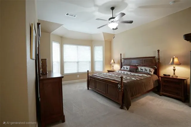 a spacious bedroom with a bed and a chandelier