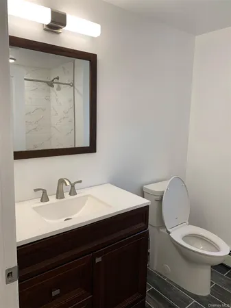 a bathroom with a toilet a sink and mirror