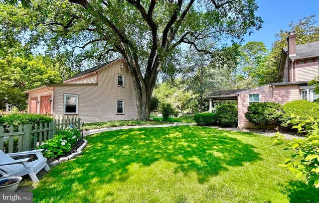a view of a garden with large trees