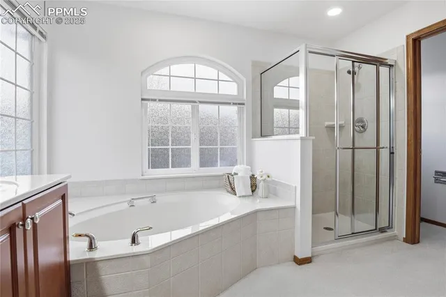 a bathroom with a bathtub and a shower