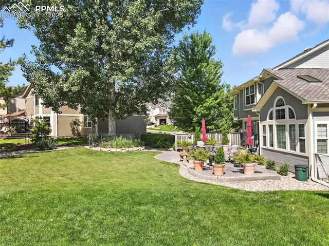 an aerial view of a house with swimming pool garden and patio