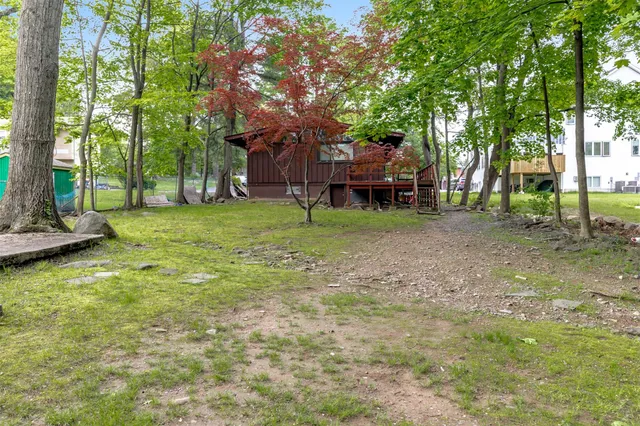 a view of a backyard with large trees