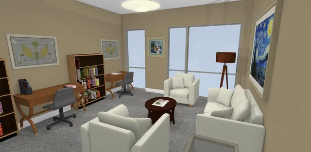 a living room with furniture a flat screen tv and a floor to ceiling window