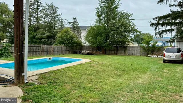 a view of a swimming pool with a small yard and large trees