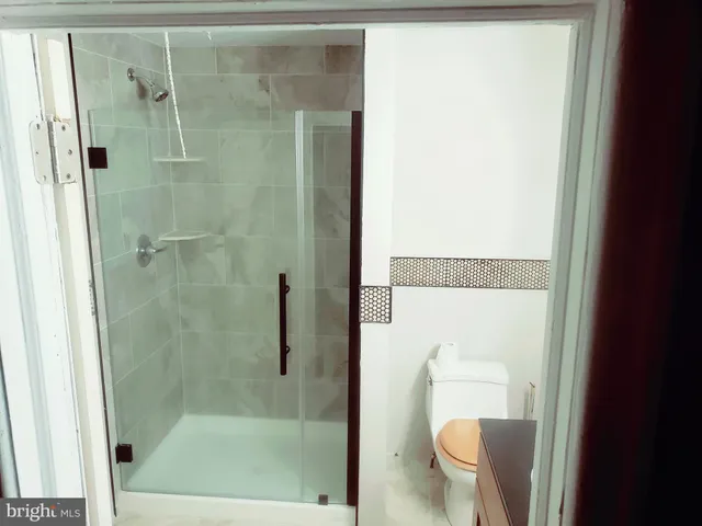 a bathroom with a shower and toilet